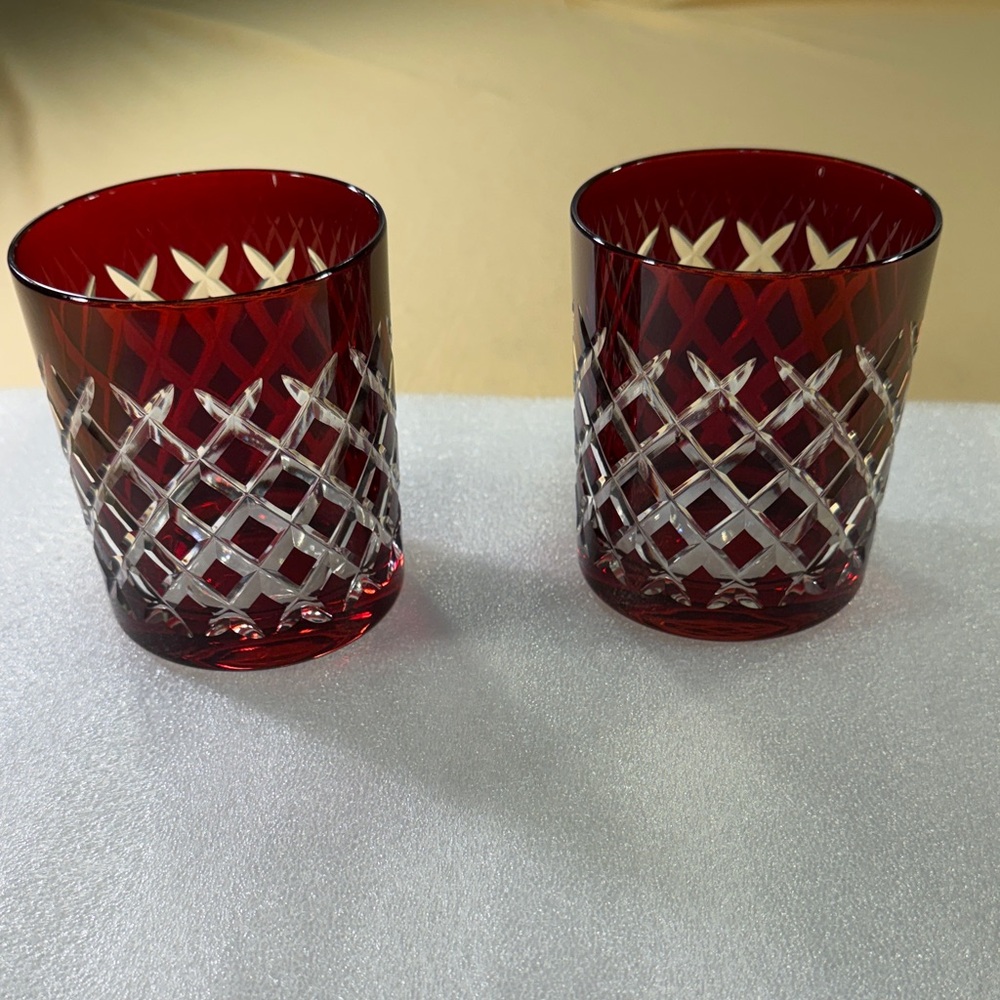 Mid-century Crystal glassware red diamond shape 4 inches tall 3 1/4 inches wide